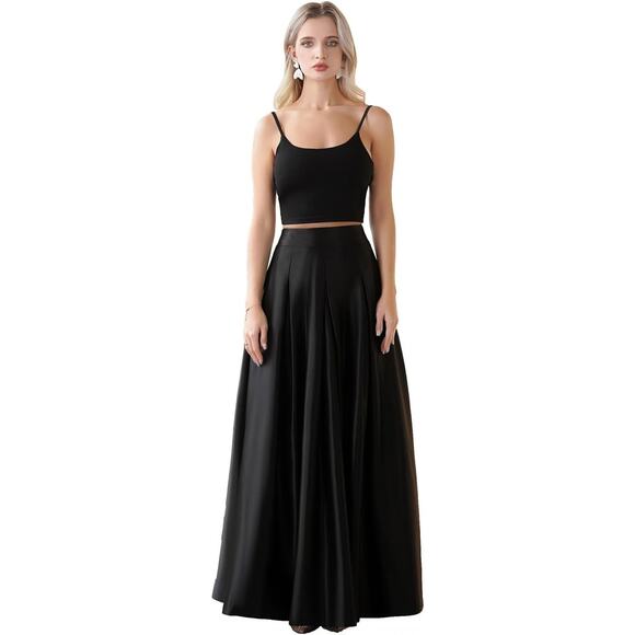 Black Satin Regencycore Formal Glam Modest Gothic Dark Fairy Maxi Skirt Large - Picture 1 of 6